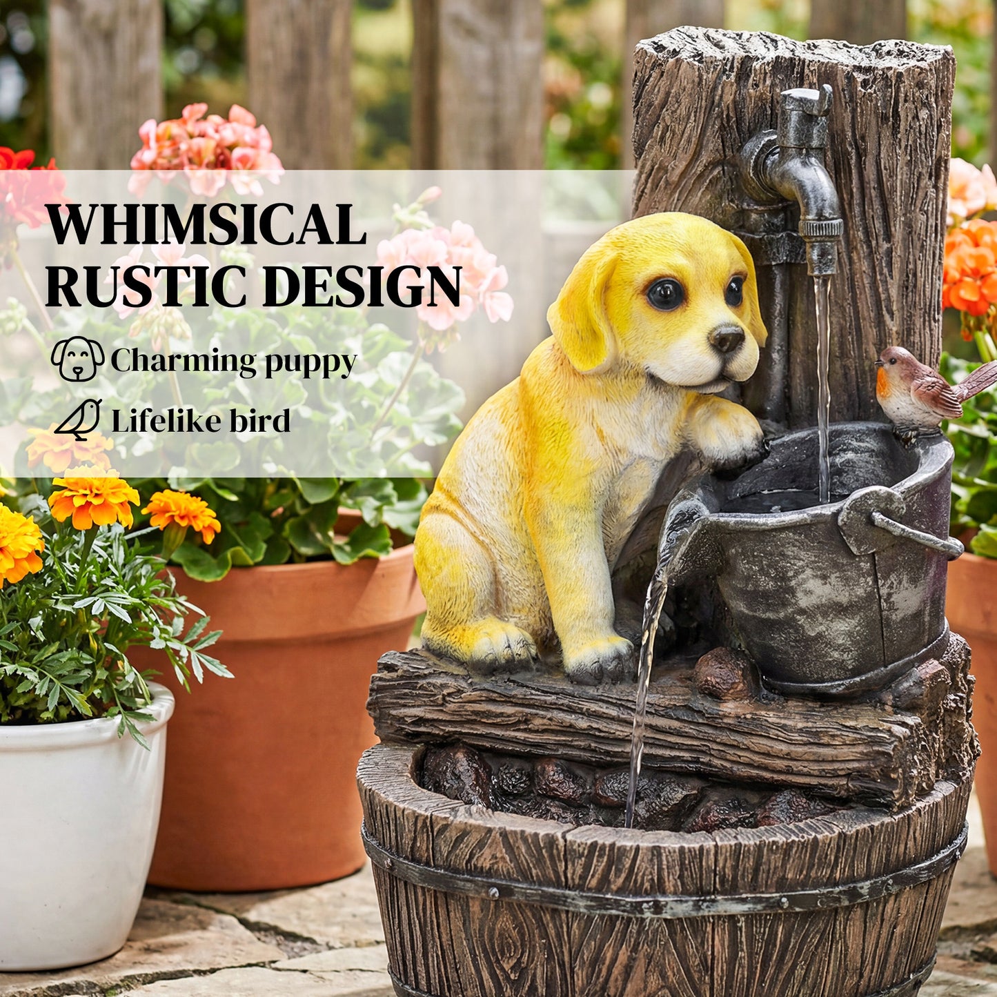 Garden Water Feature with 3-Tier Rustic Puppy Design, Freestanding Resin with LED Lights, Adjustable Flow, Rustic Brown