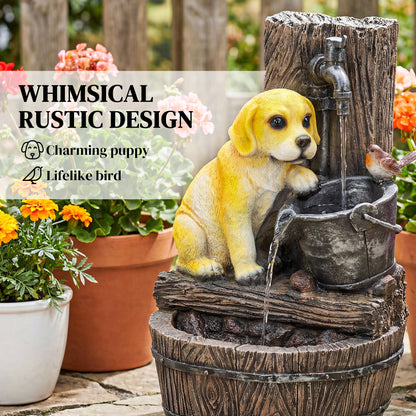 Garden Water Feature with 3-Tier Rustic Puppy Design, Freestanding Resin with LED Lights, Adjustable Flow, Rustic Brown