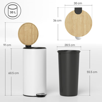 Kitchen Bin, 30 Litre Pedal Rubbish Bin with Removable Bucket, White and Natural