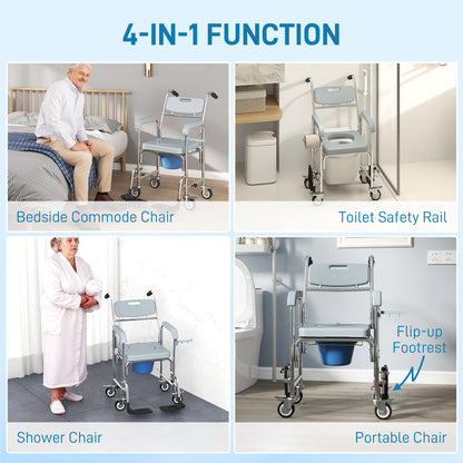 Rolling Shower Wheelchair for Seniors, Bedside Commode Chair with Locking Wheels, Seat, Backrest, Arms, Grey