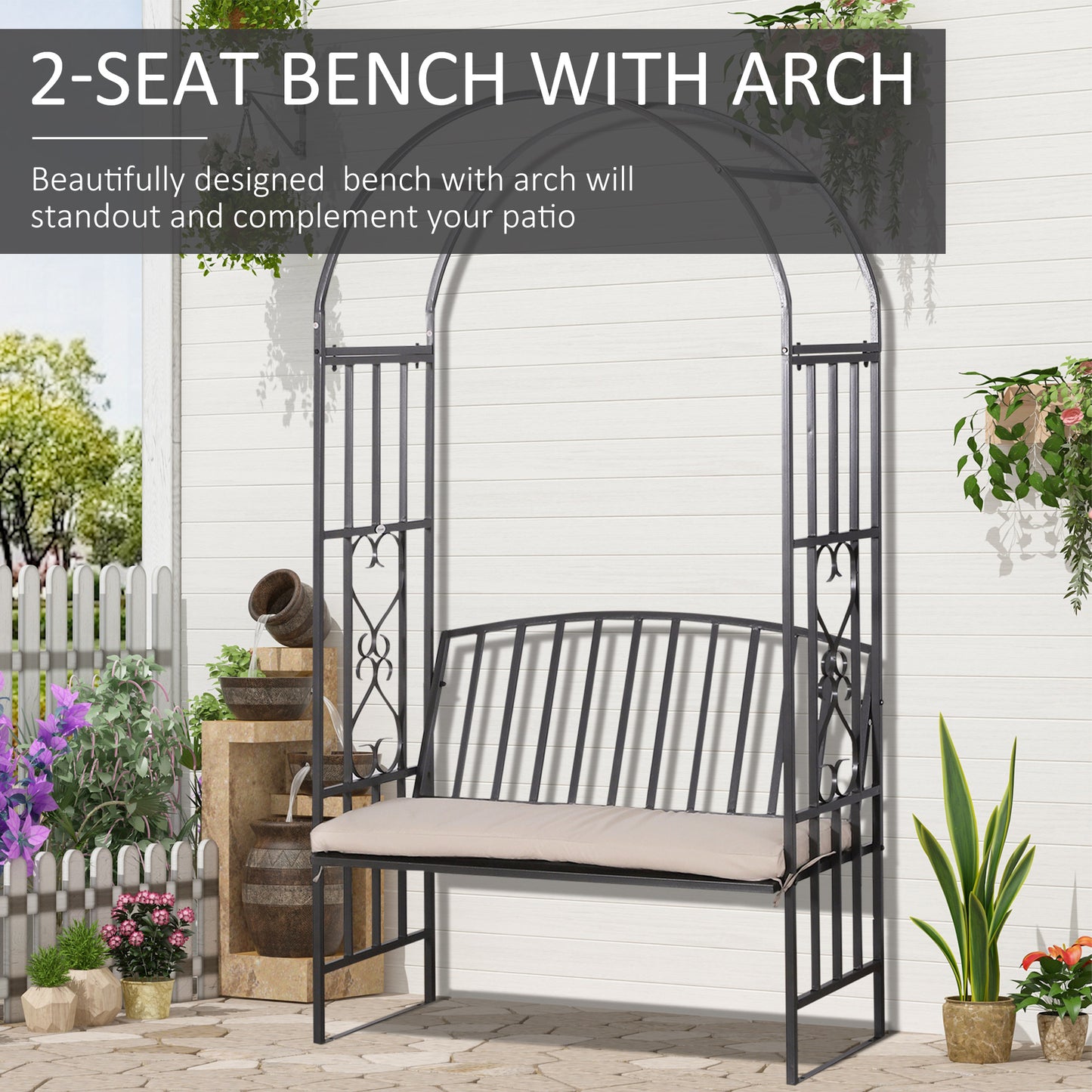 Metal Frame Bench W/Arch, 114Lx60Wx206H cm-Grey