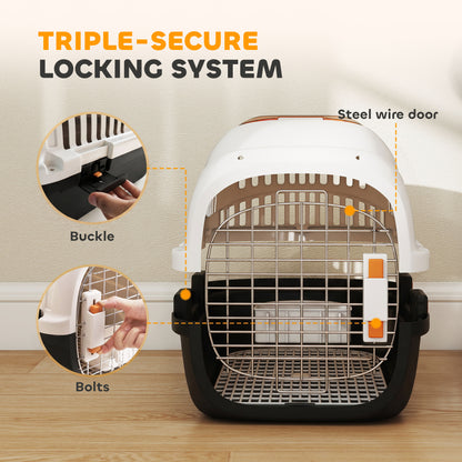 Plastic Pet Carrier Hard Shell Dog Cat Carrier Max 4 KG Steel Door Feed Bowl Secure Lock 49 x 32 x 31 cm
