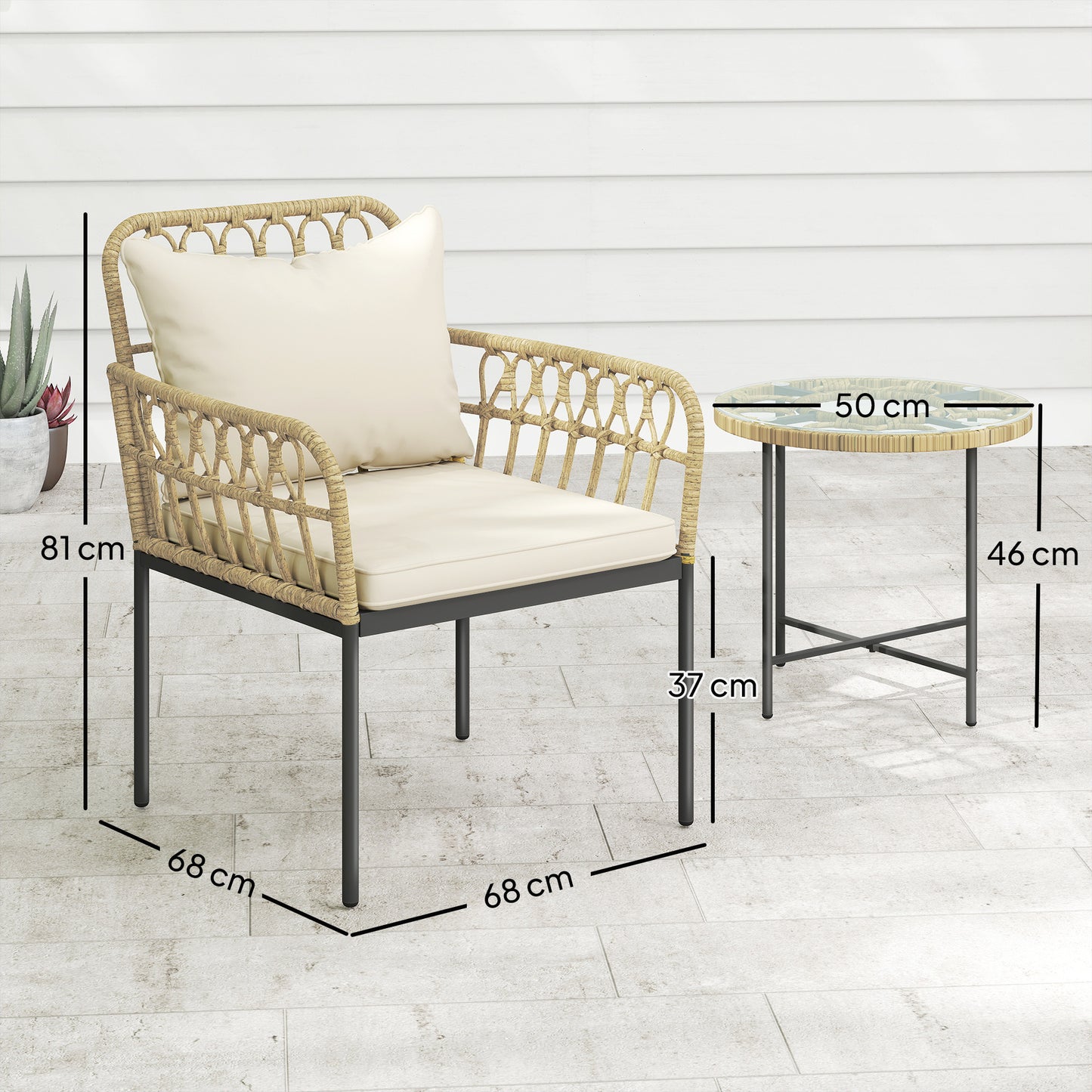 3 Piece Rattan Bistro Set, Wicker Garden Furniture Set with Cushions, Glass Top Coffee Table and Chairs for Outdoor, Patio