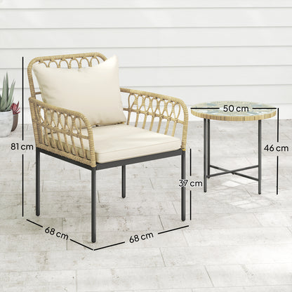 3 Piece Rattan Bistro Set, Wicker Garden Furniture Set with Cushions, Glass Top Coffee Table and Chairs for Outdoor, Patio