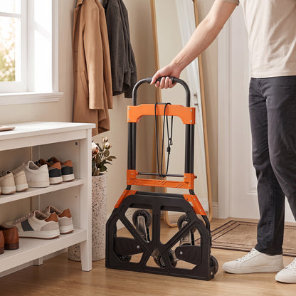 Heavy Duty Foldable Trolley on Wheels, Steel Folding Hand Truck, 75kg, Black and Orange