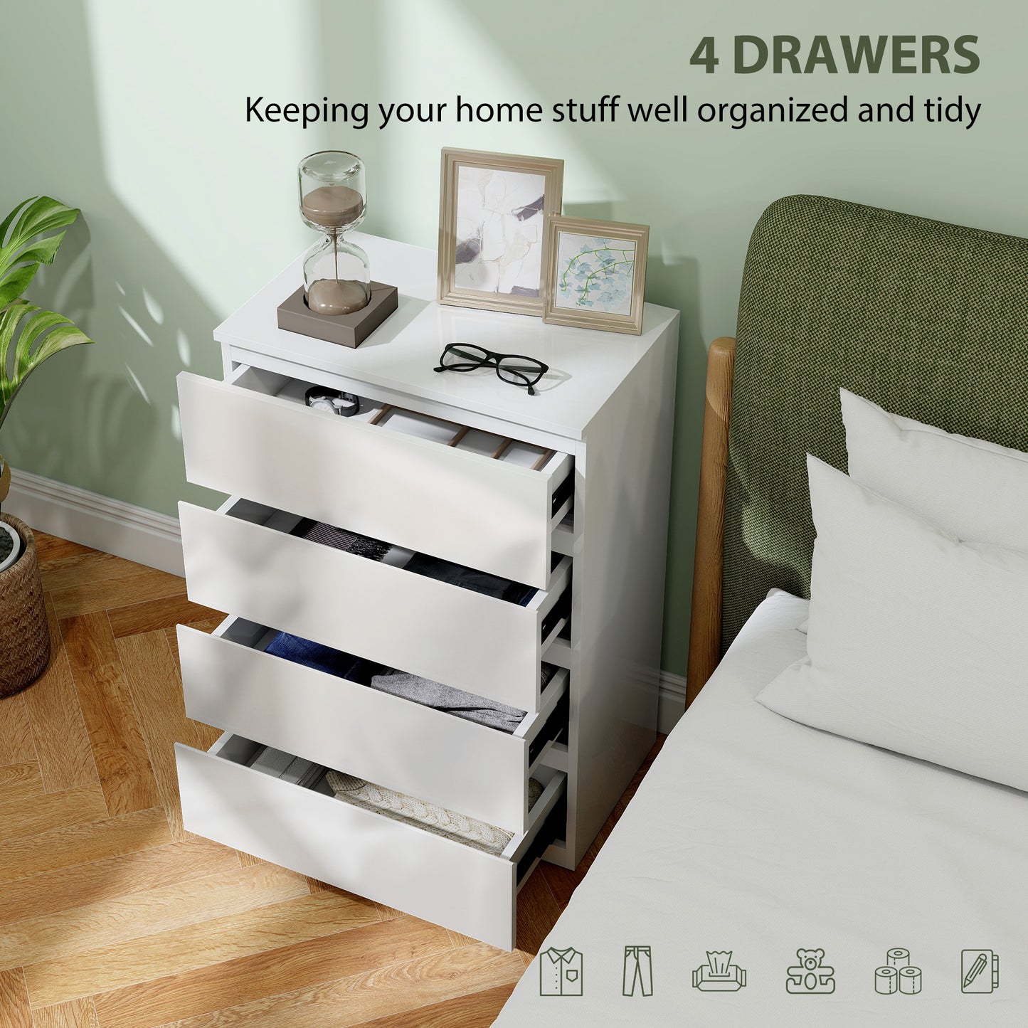 High Gloss Chest of Drawers, 4-Drawer Storage Cabinets, Modern Dresser for Bedroom, White