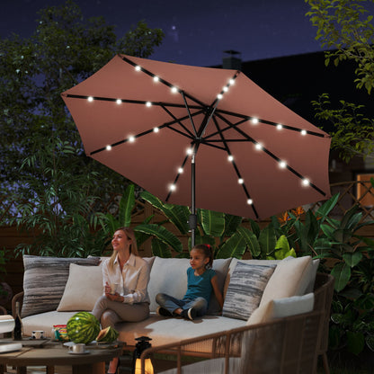 Φ2.7m Garden 24 LED Light Parasol Solar Outdoor Tilt Sun Umbrella Patio Club Party Event Manual Sun Shade w/ Hand Crank and 8