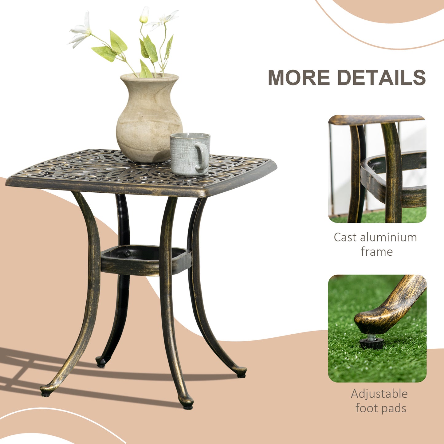 Outdoor Patio Side Table with 38mm Dia. Umbrella Hole, Cast Aluminium Patio coffee Table, 54 x 54cm, Bronze Tone
