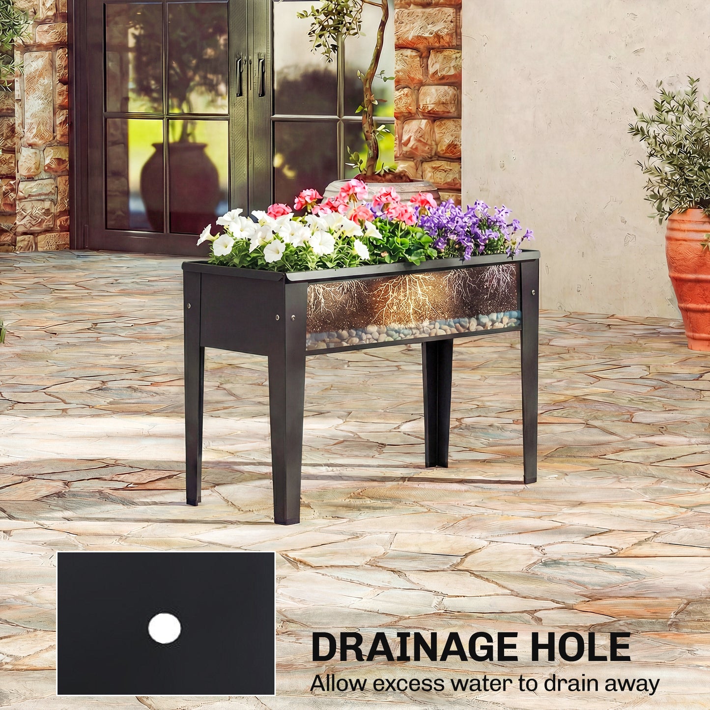 Raised Planter, Metal Raised Garden Bed on Legs with Drainage Hole and Foot Covers, Black