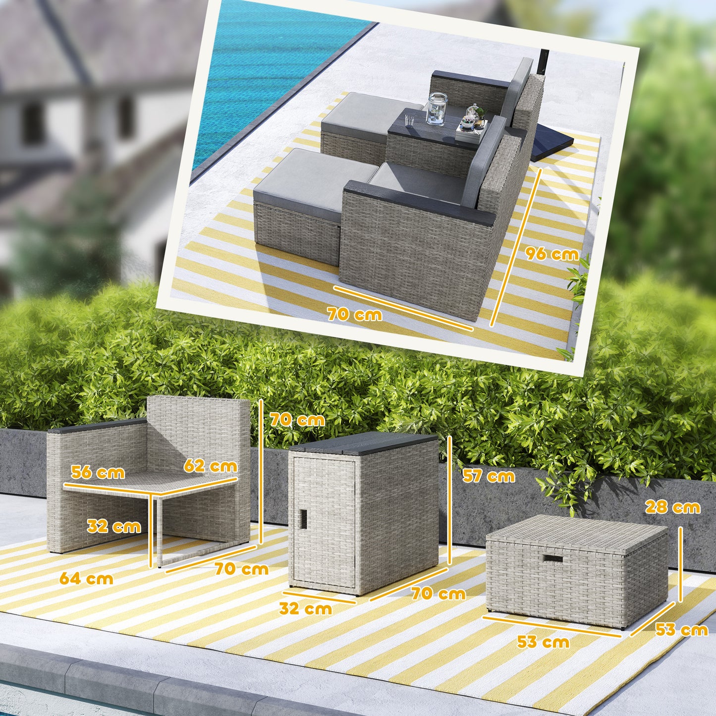 5 Piece Rattan Garden Furniture Set with Storage Table, Footstools, Cushions, Grey