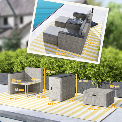 5 Piece Rattan Garden Furniture Set with Storage Table, Footstools, Cushions, Grey