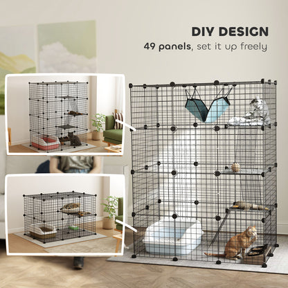 Four-Tier DIY Large Cat Cage with Hammock, Ramps, Five Doors, Indoor Use for 1-3 Cats, Black