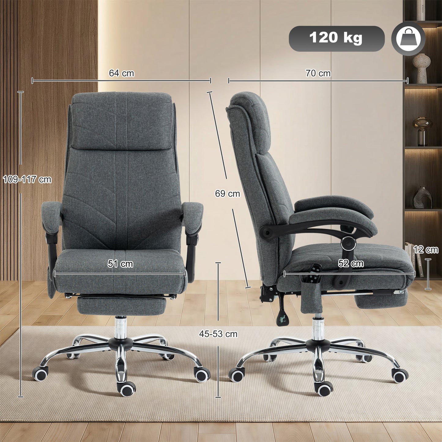 High Back Vibration Massage Office Chair with Footrest, Heated, Grey