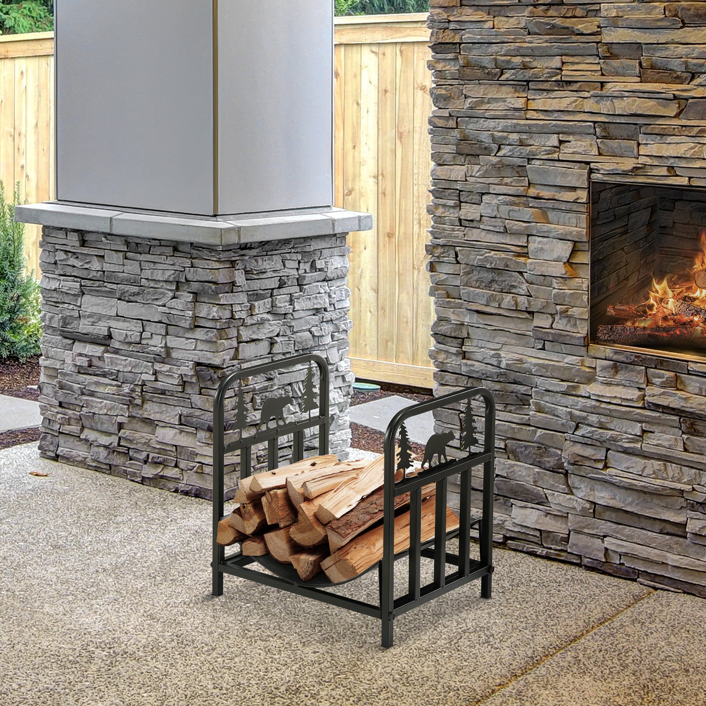 Metal Firewood Log Holder Indoor Outdoor Firewood Rack Inner Arced Fireplace Wood Storage Shelf w/ Bear Shape Design