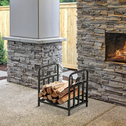 Metal Firewood Log Holder Indoor Outdoor Firewood Rack Inner Arced Fireplace Wood Storage Shelf w/ Bear Shape Design
