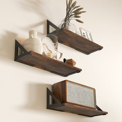 Set of 3 Wall Shelves, 43cm Vintage Wall Mounted Floating Shelves for Living Room, Entryway, Bedroom, Rustic Brown