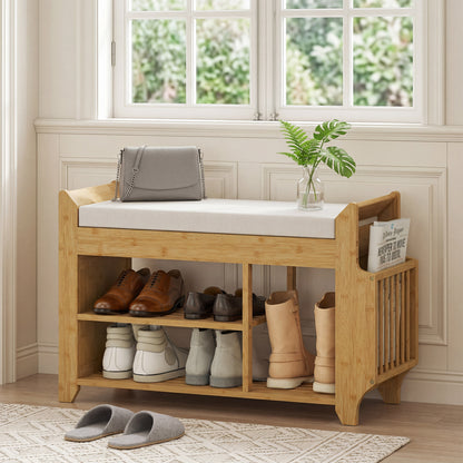 Shoe Bench 2-Tier Boot Section Entryway Storage Bench Cushioned Seat 80 x 30 x 50 cm Natural and Cream