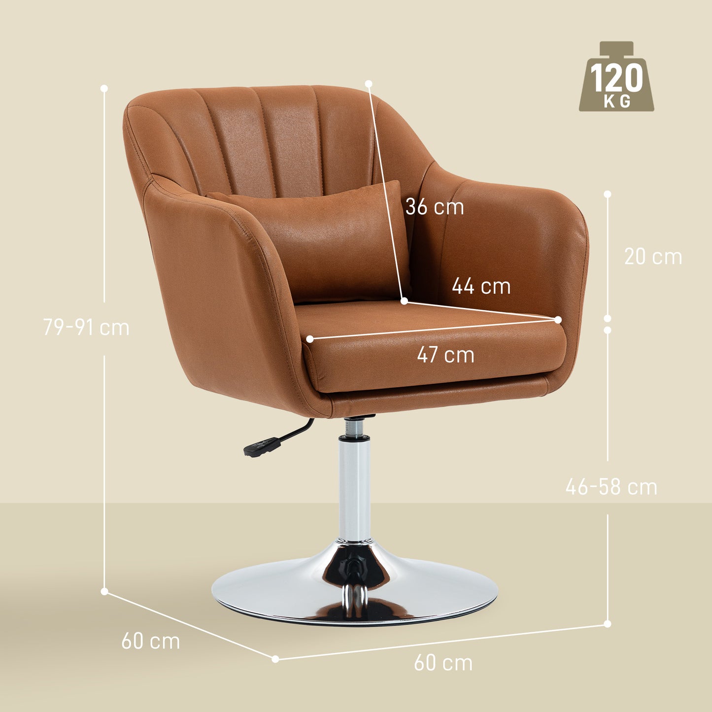 Swivel Accent Chair, Microfiber Cloth Tub Vanity Chair, Modern Armchair with Adjustable Height and Lumbar Support for Living