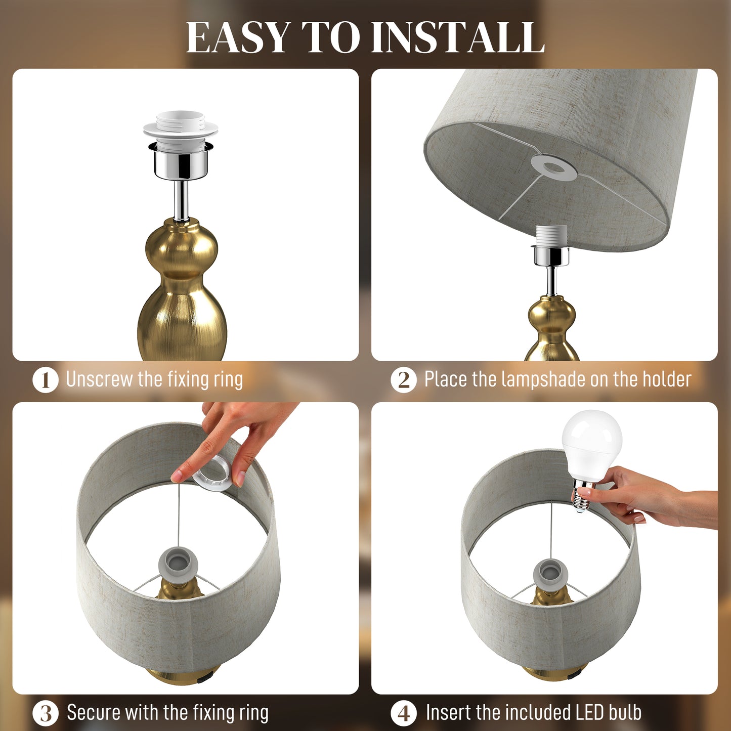 Set of Two Three-Colour Lamps, with USB Ports - Gold Tone