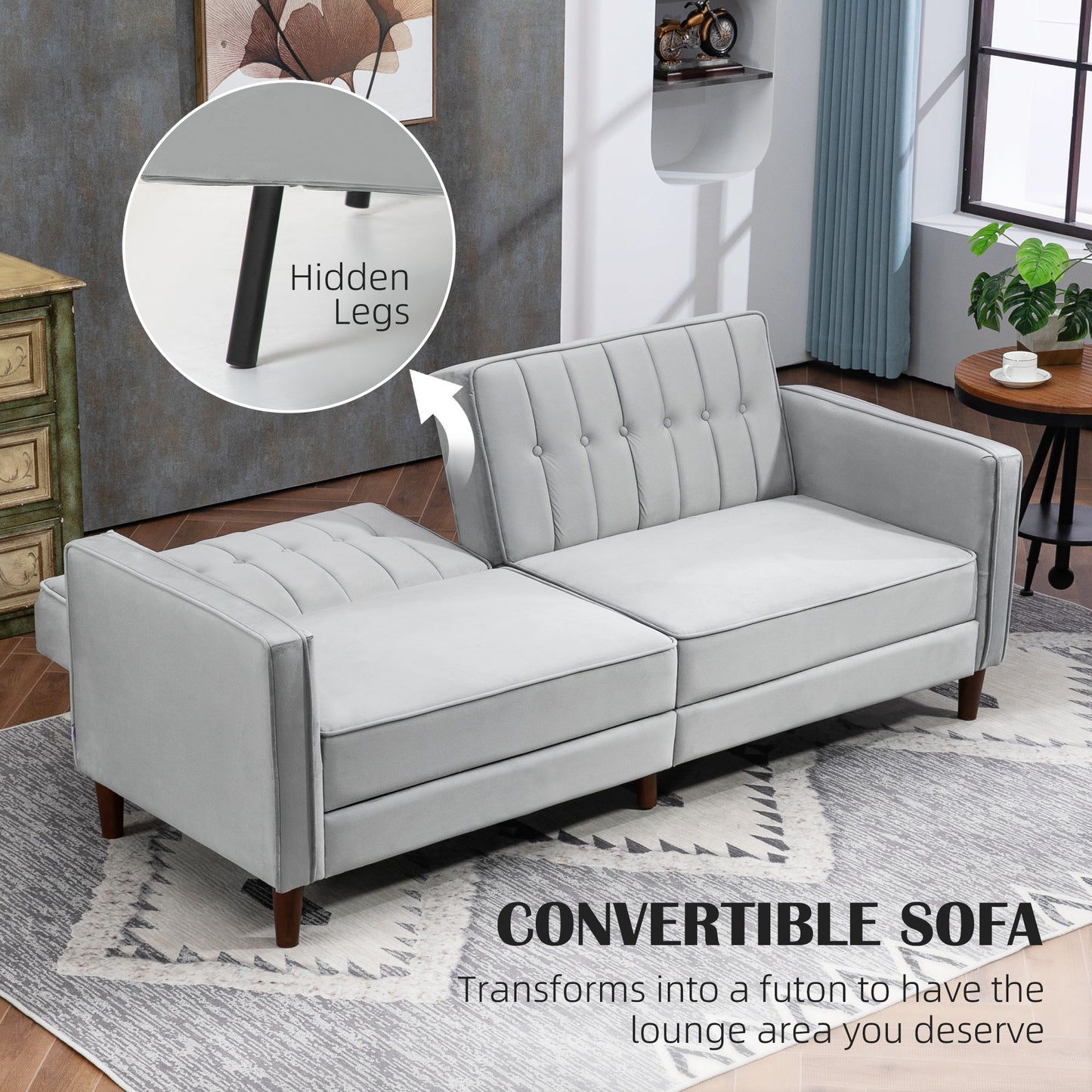 Modern Convertible Sofa Futon Velvet-Touch Tufted Couch with Adjustable Split Back, Light Grey