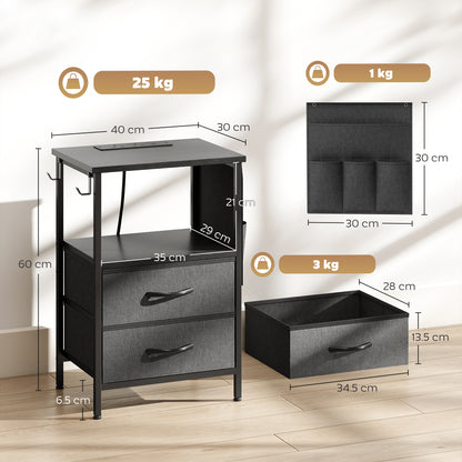 Bedside Table with Charging Station - Black