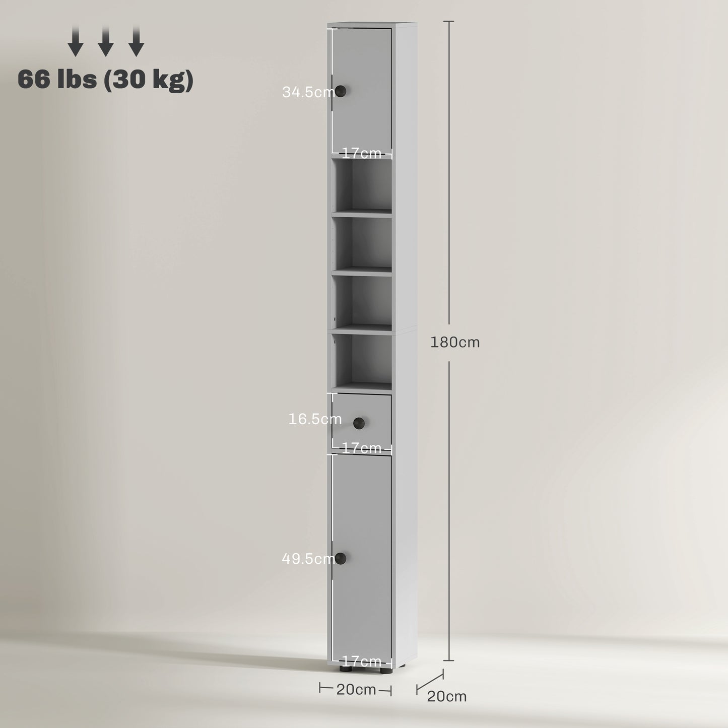 180cm Slim Bathroom Cabinet, with Drawer, Shelves and Cupboards - Grey