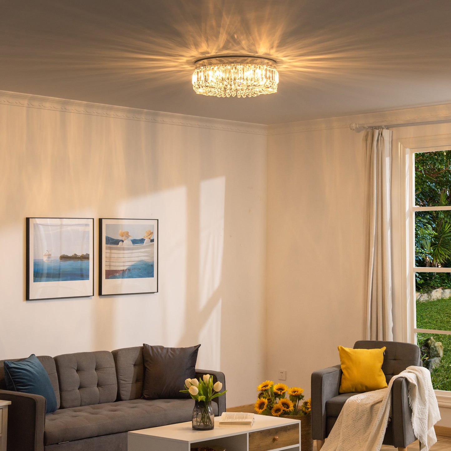 Crystal Chandeliers with Crystal Pendants, 8-Light Ceiling Light for Living Room, Bedroom Dining Room, Silver Tone