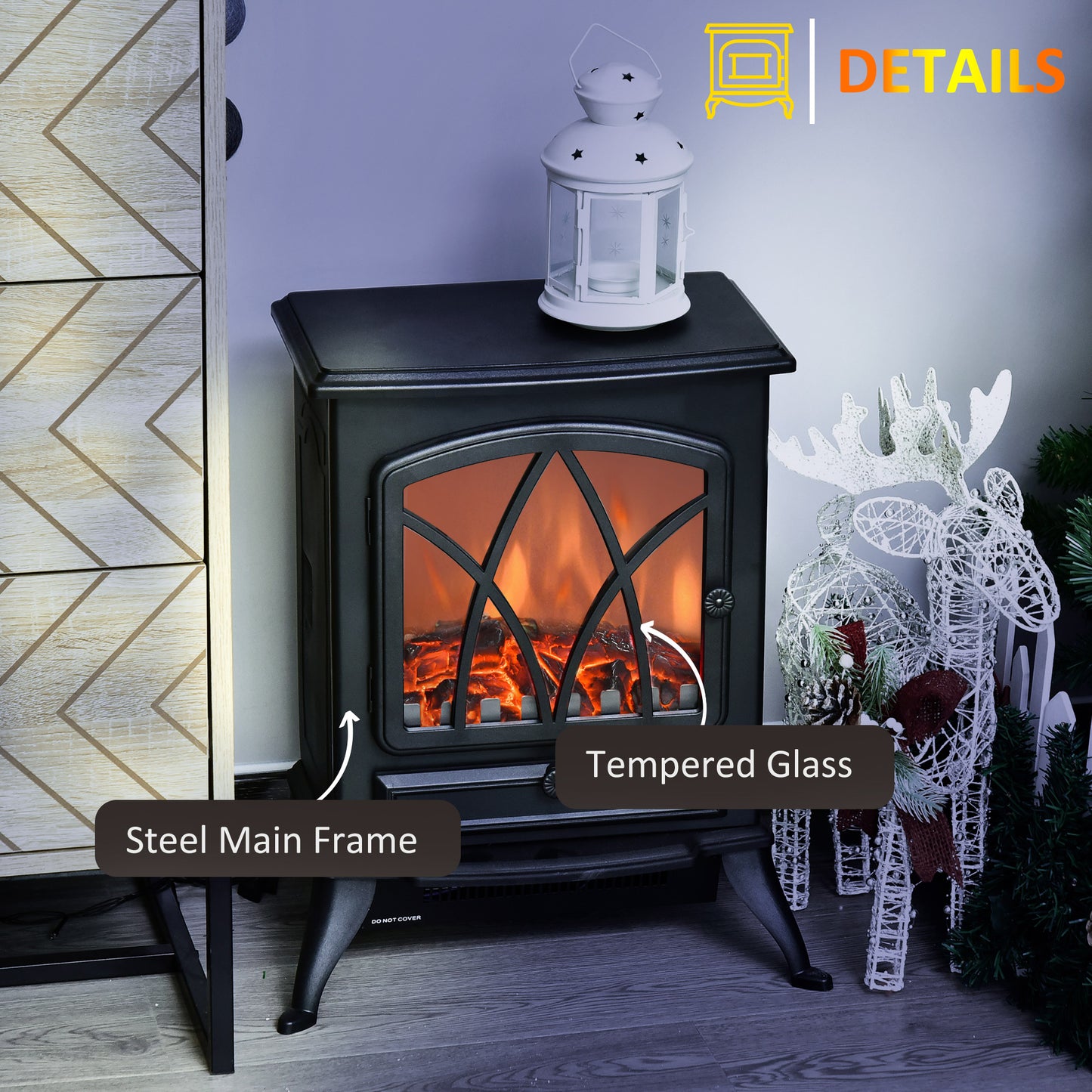 Electric Stove Heater with Realistic Flame Effect, 2000W Portable Indoor Freestanding Electric Fireplace with Adjustable Ther