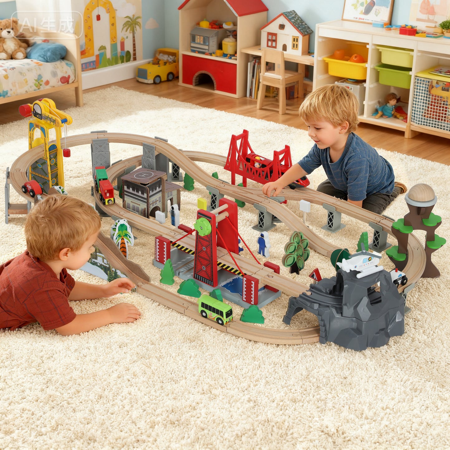 100 Piece Wooden Train Set for Kids 3+ Years with Track, Crane, Battery Operated Train