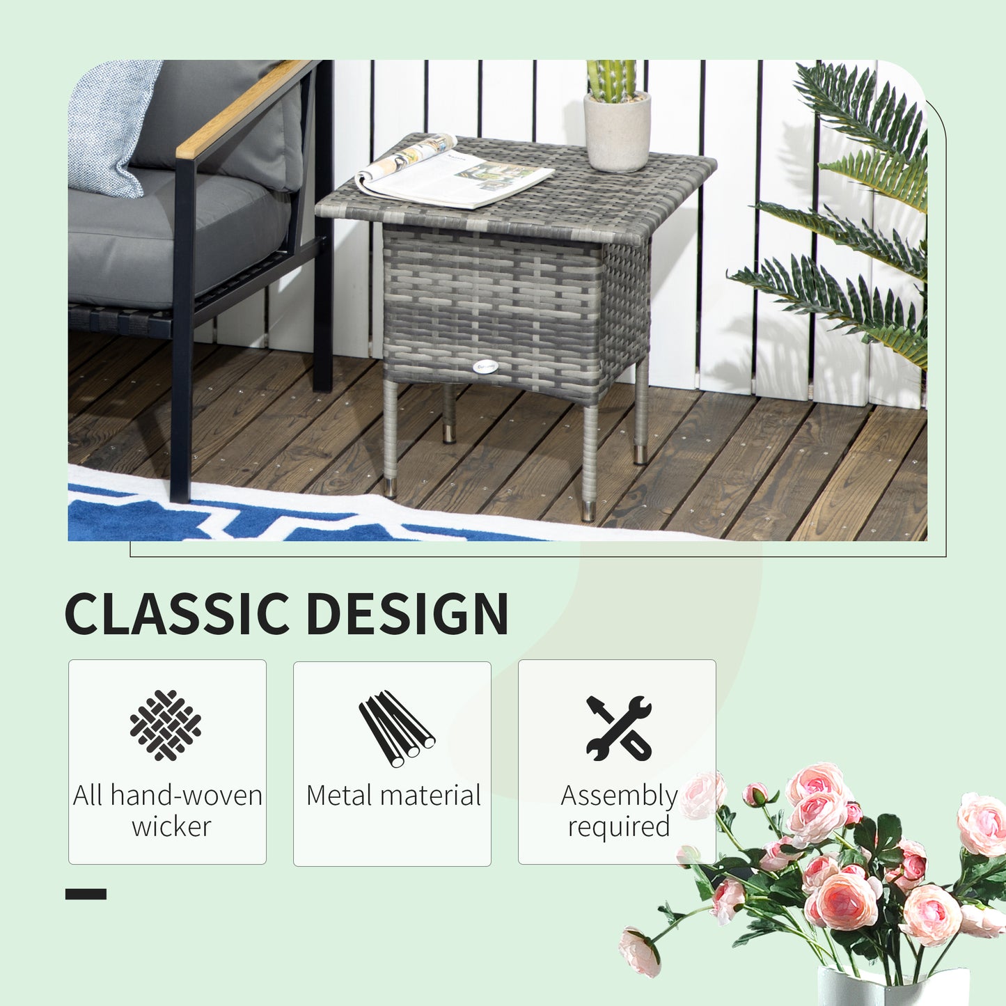Rattan Side Table, Outdoor Coffee Table with Plastic Board Under the Full Woven Table Top for Patio, Garden, Balcony