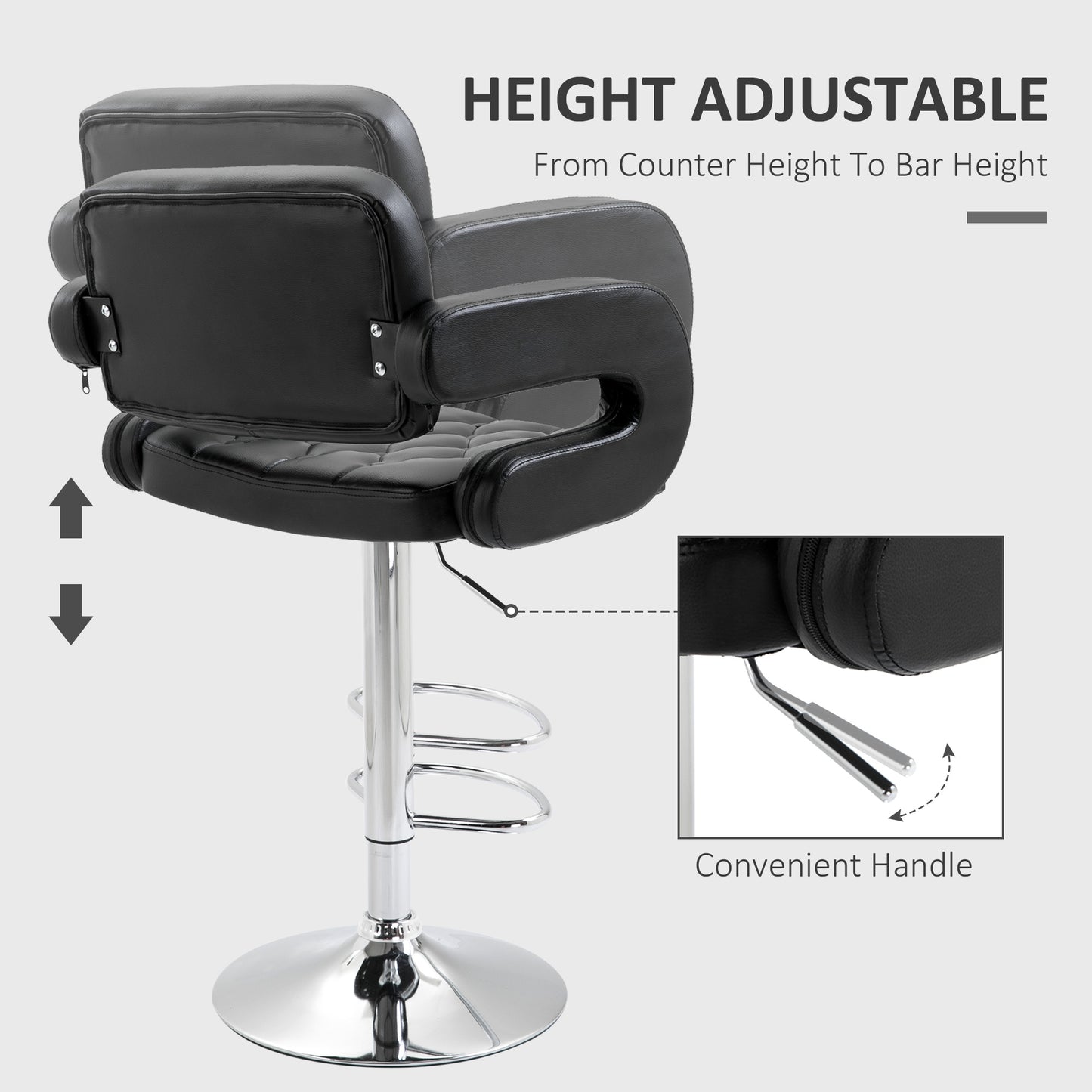 PU Leather Upholstered Swivel Bar Stool, Height Adjustable with Back, Armrest, Footrest, Black