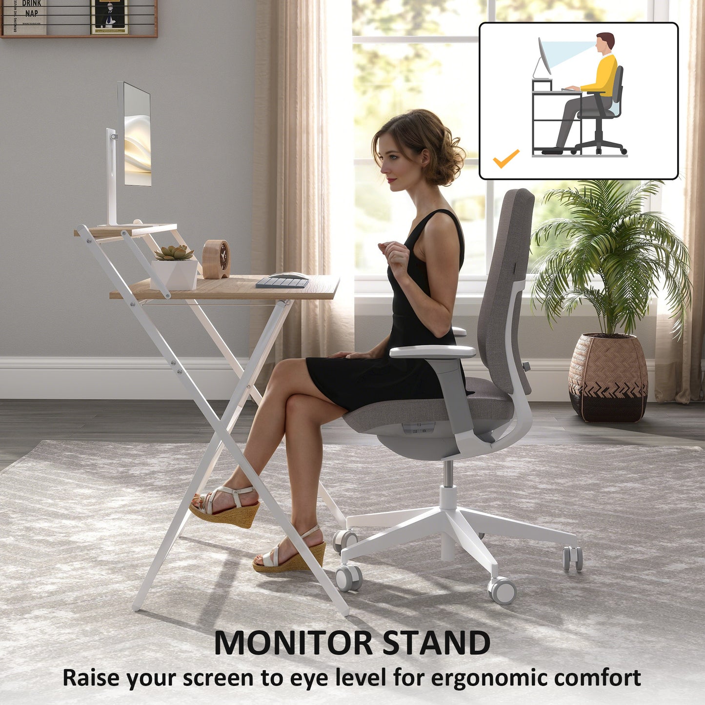 81.5 cm Folding Computer Desk with Monitor Shelf - Natural Wood Finish
