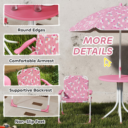 Kids Patio Table and Chair Set, Kids Garden Furniture with Umbrella, 4-Piece Bistro Set for Garden, Pink