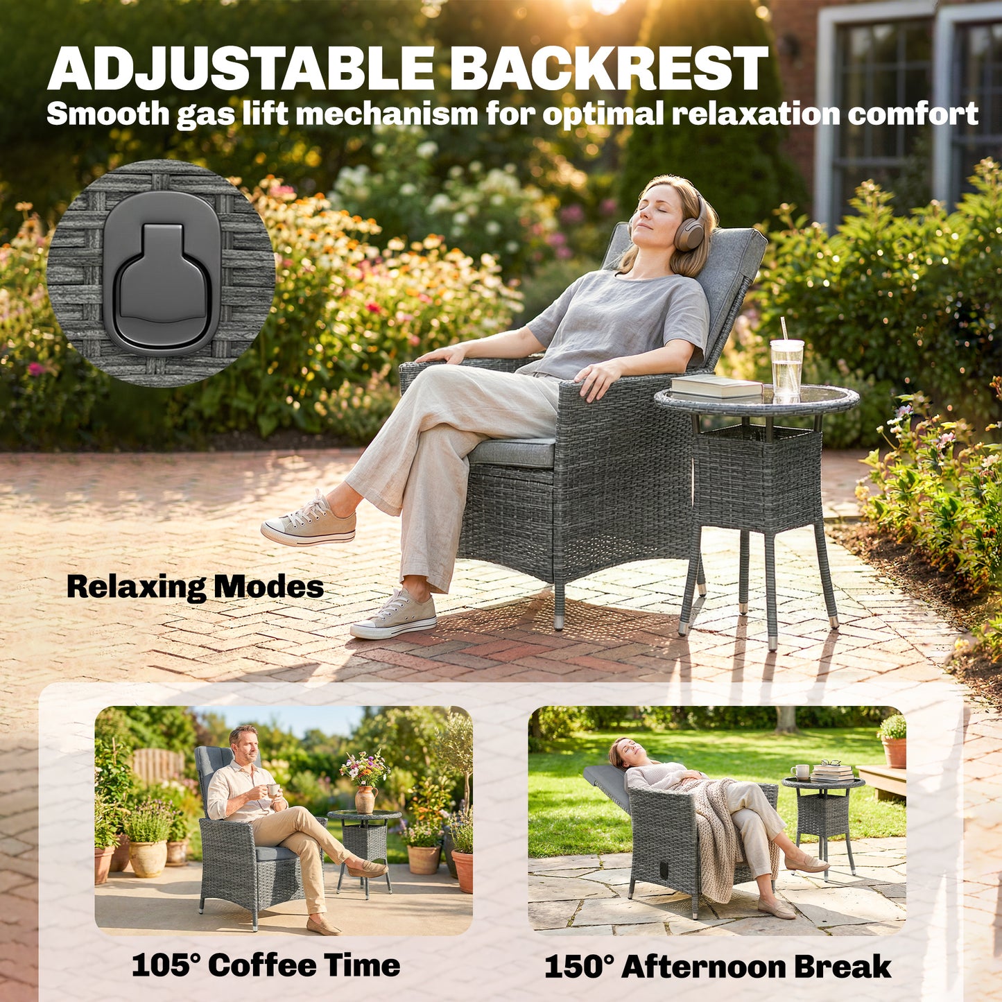 Rattan Bistro Set, Reclining Garden Chairs and Glass Coffee Table with Cushions for Patio Balcony Porch, Grey