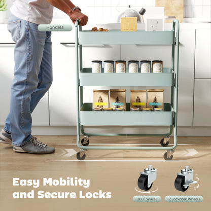 3-Tier Storage Trolley on Wheels, Rolling Utility Cart with Mesh Backets for Kitchen, Bathroom, Bedroom, Light Green