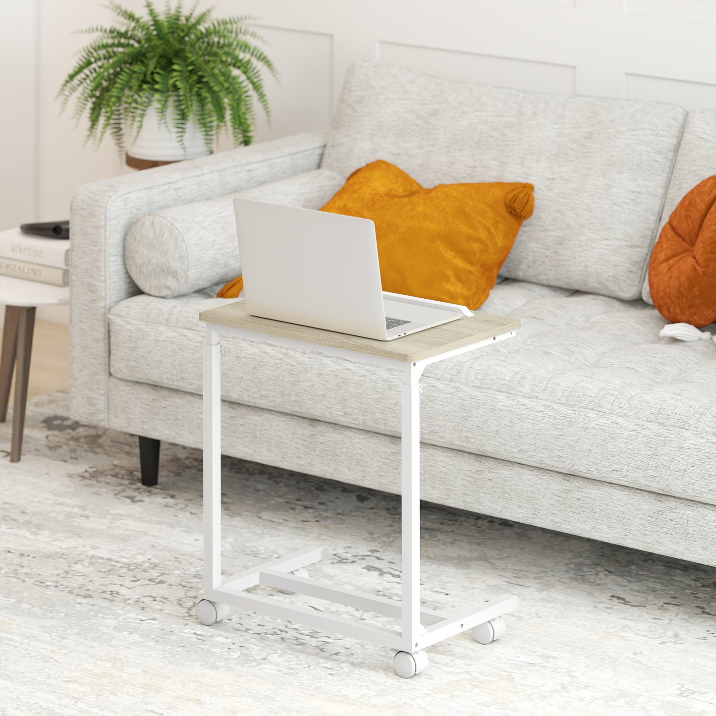 C-Shaped Sofa Side Table, Height Adjustable Overbed Table with Tilting Desktop, Mobile Laptop Desk for Living Room Bedroom