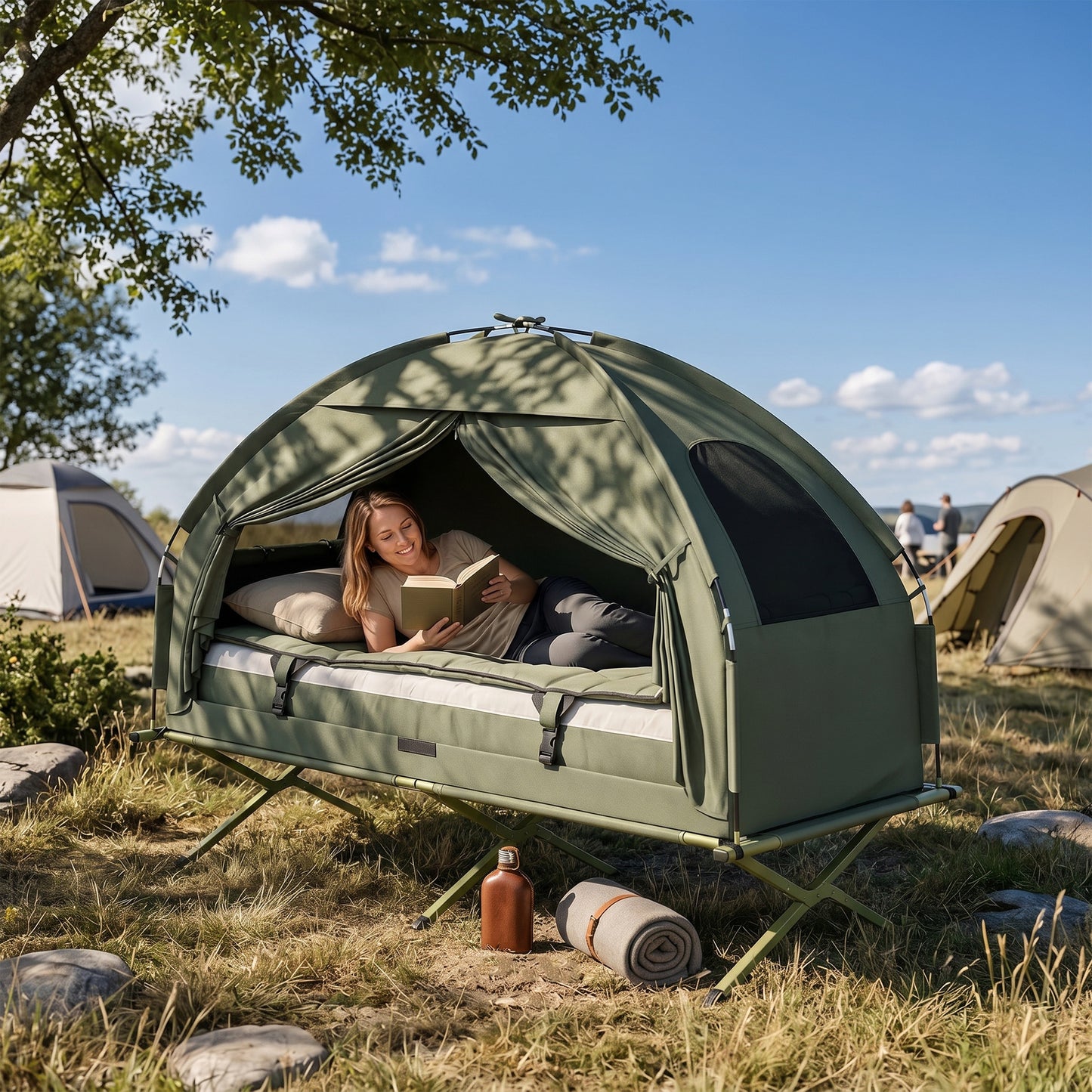 1 person Foldable Camping Tent w/Sleeping Bag Air Mattress Outdoor Hiking Picnic Bed cot w/Foot Pump