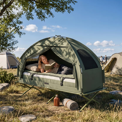 1 person Foldable Camping Tent w/Sleeping Bag Air Mattress Outdoor Hiking Picnic Bed cot w/Foot Pump