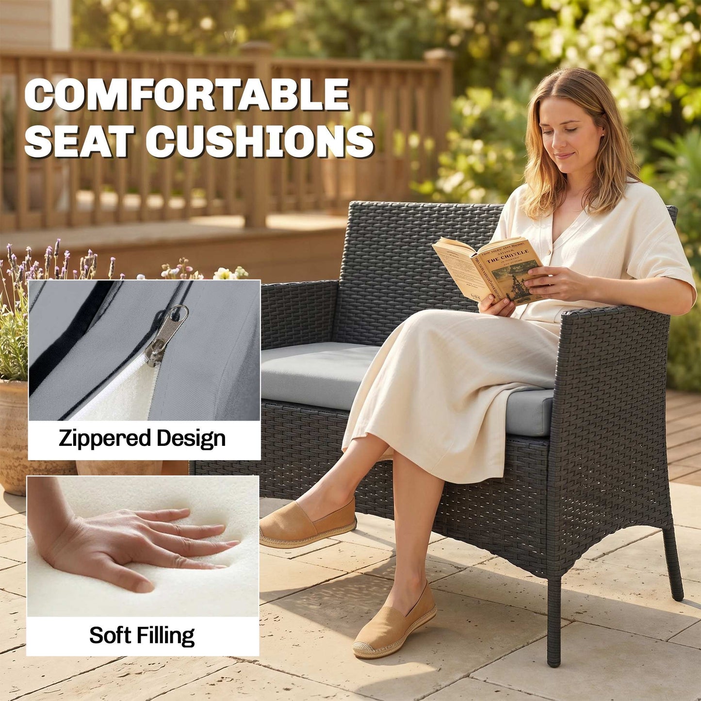 4 Piece Rattan Garden Furniture Sofa Set with Loveseat, Armchairs, Glass-Top Coffee Table and Cushions, Black
