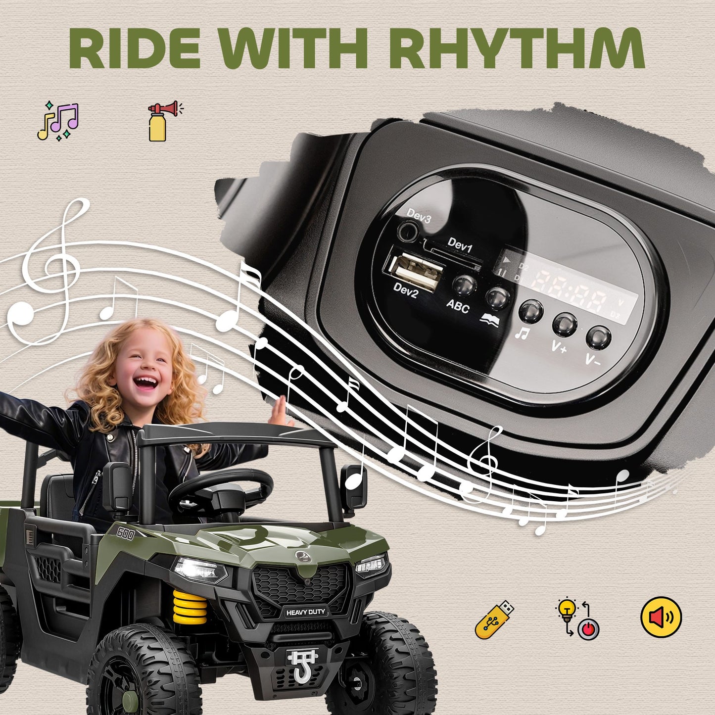 Kids Ride on Car, 12V Electric Kids UTV with Electric Dump Bed, 4-Wheel Suspension for 3-8 Years, Green