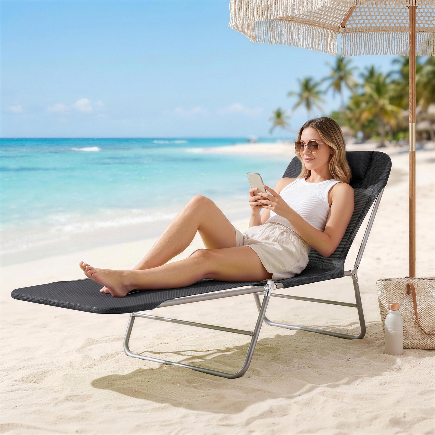 Folding Sun Lounger, Texteline Reclining Sun Bed with 5 Position Adjustable Backrest, Headrest, Black