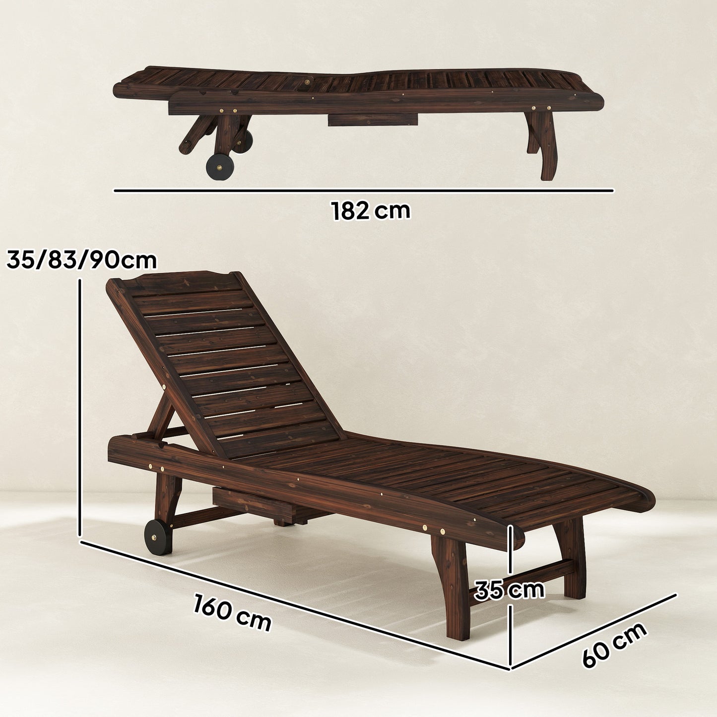 Outdoor Wooden Sun Lounger with Built-In Table, Carbonised Finish
