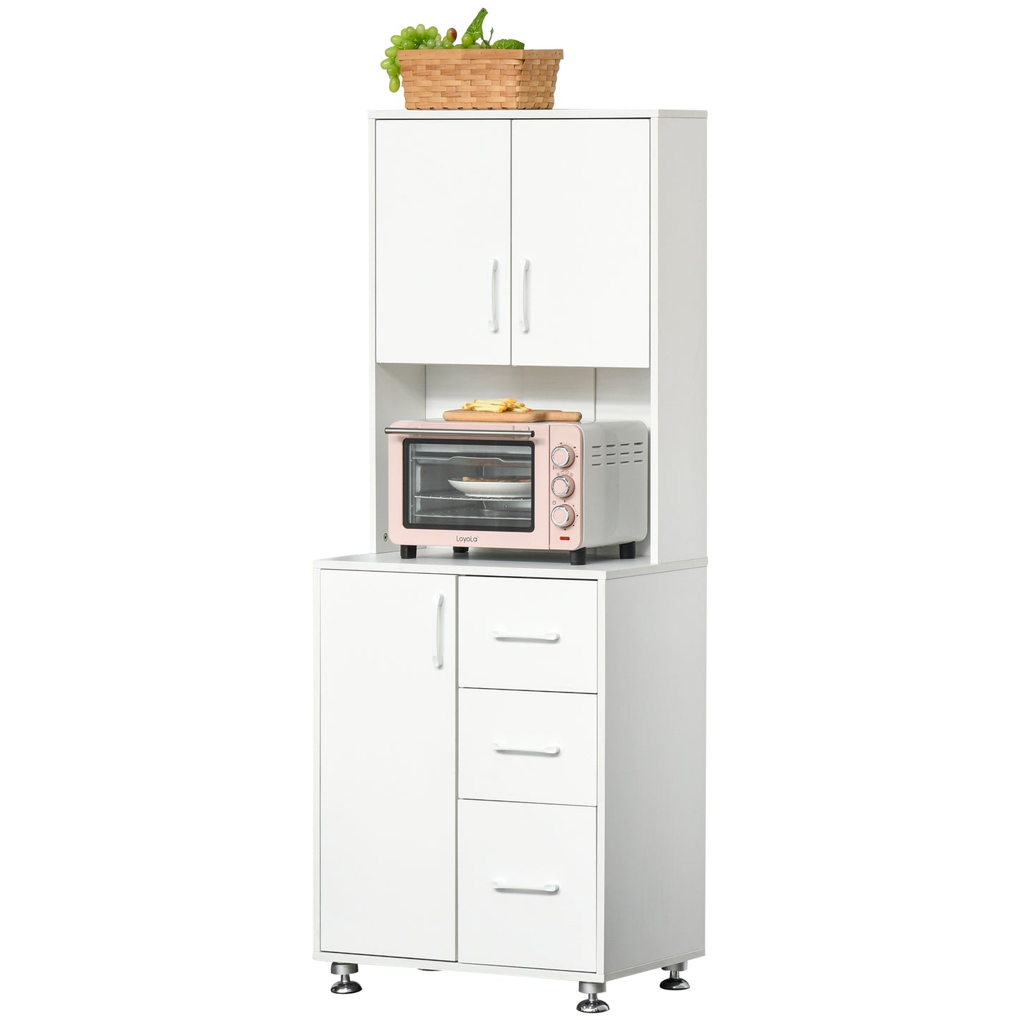 Modern Kitchen Cupboard with Storage Cabinets, 3 Drawers and Open Countertop for Living Room, White