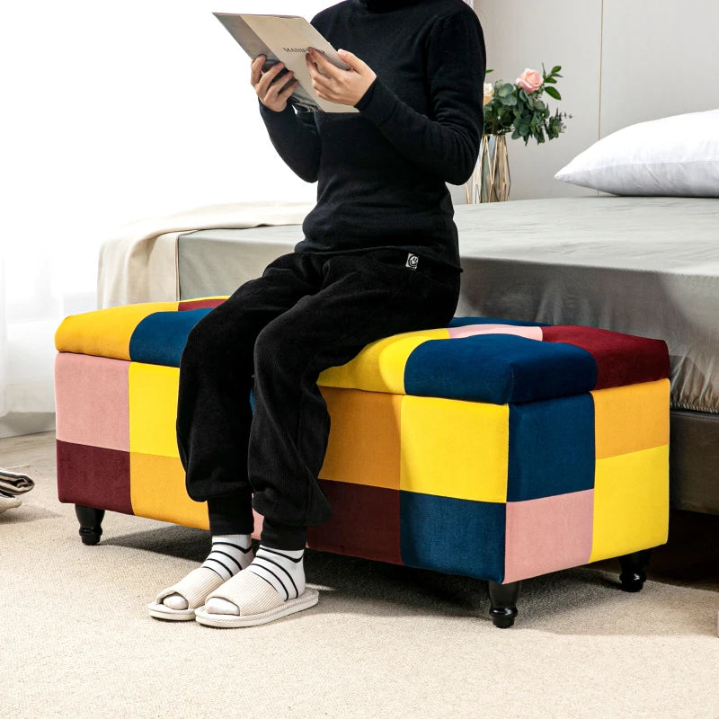 Multicoloured Bed End Storage Ottoman / Footstool with Lid & Button Tufting