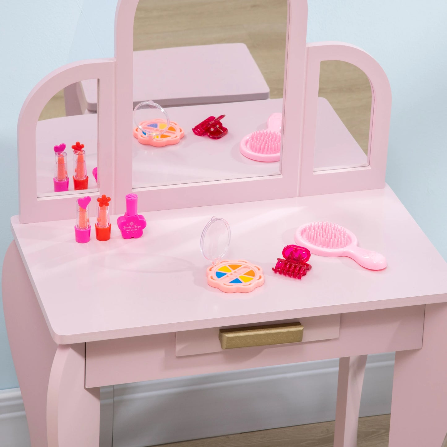 Kids Vanity Mirror Dressing Table with Chair and Drawer Storage - Pink