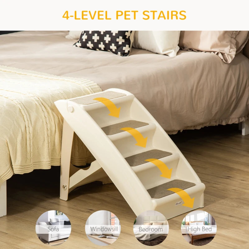 4-Step Foldable Pet Stairs with Plastic Surrounding and Anti Slip Carpeting - Beige