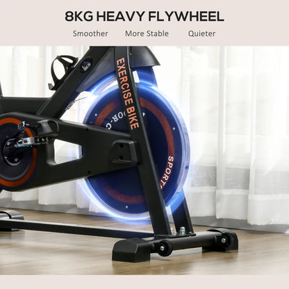 Indoor Cycling Exercise Bike with Adjustable Resistance and Large Phone / Tablet Holder (8kg Flywheel) - Black / Orange