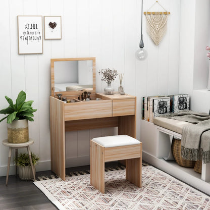 Makeup Dressing Table with Built In Flip up Vanity Mirror & Cube Seat - Natural Wood