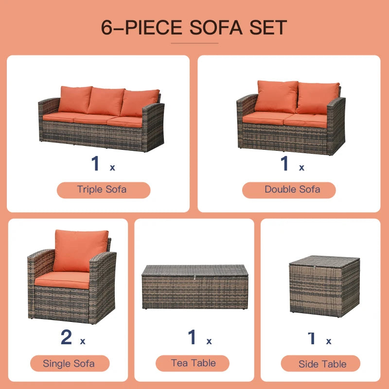 Outdoor Rattan Wicker Garden Furniture Set with Storage Table and Cushions - 6 Pieces - Orange