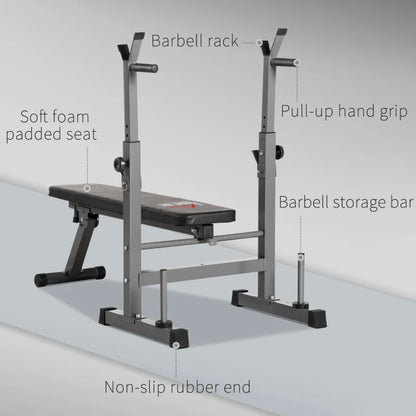 Foldable Slimline Adjustable Exercise Bench with Barbell Rack and Dip Station (Barbell & Weights not Included)